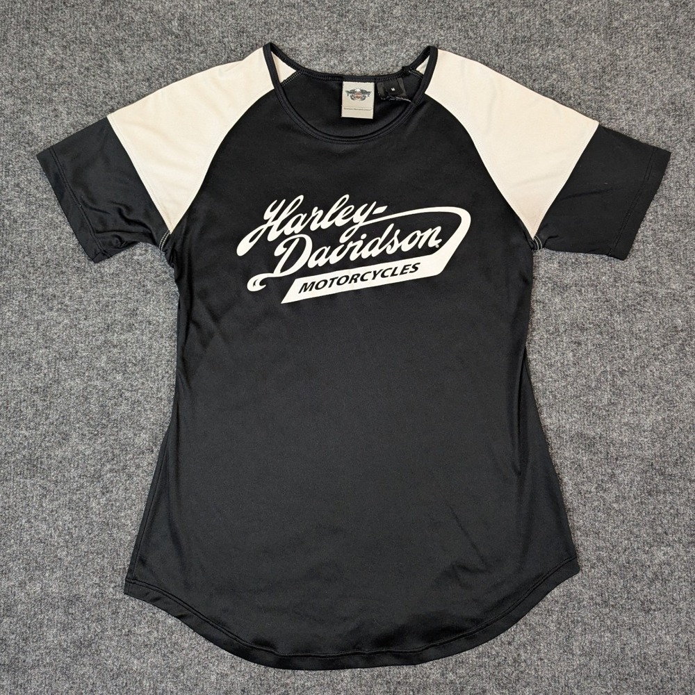Harley-Davidson 2013 Womens Medium Black White Raglan Logo Baseball Tee Shirt